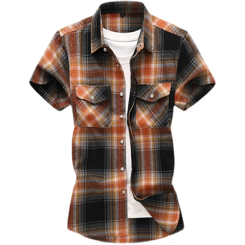 Camisa xadrez masculina com botões, manga curta, casual, tops 7xl, vinatge, verão, bolso duplo, roupas de grife, camisas de trabalho