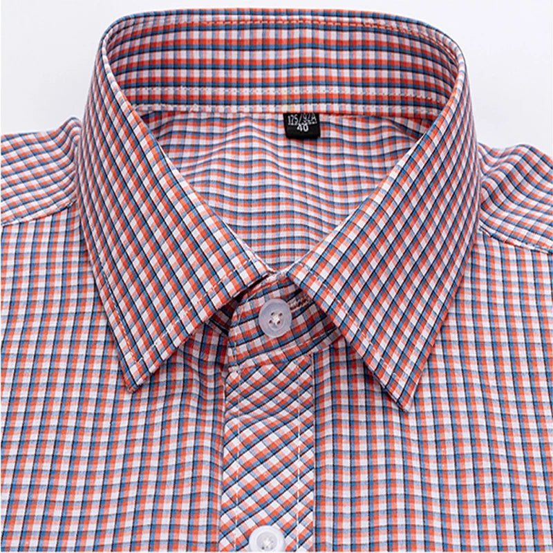 Camisa xadrez de algodão manga curta masculina, design de bolso único, casual jovem, ajuste padrão, elegante