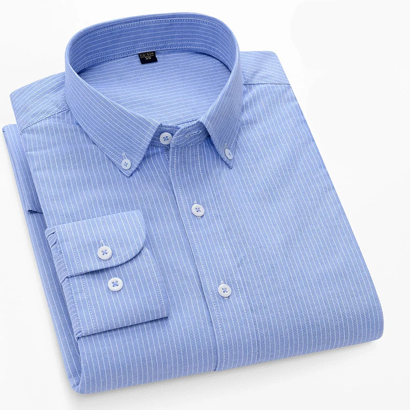 Camisa Oxford xadrez casual masculina, confortável, de algodão puro, com botões, ajuste regular, listrada, social, de alta qualidade