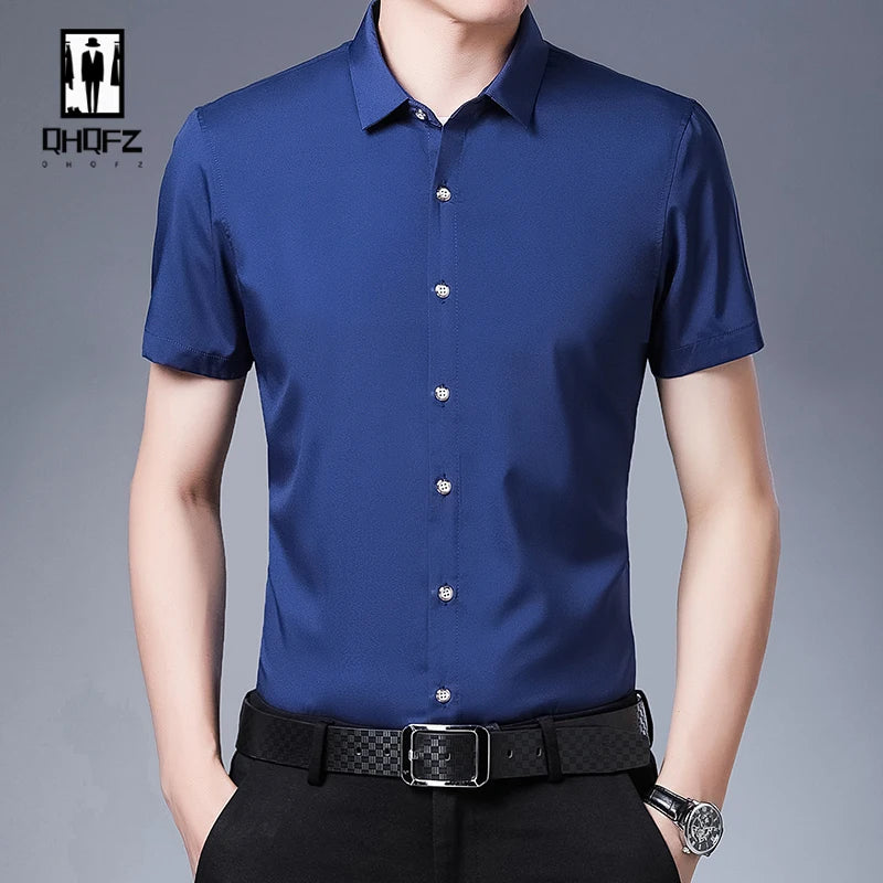 Camisa masculina casual de manga curta de negócios em 8 cores resistente a rugas top elegante