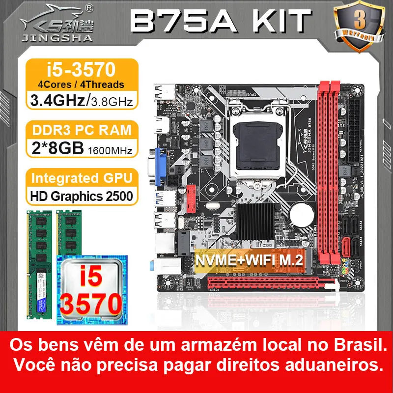 JINGSHA b75 itx placa-mãe lga 1155 kit de jogos para pc com processador i5 3570 e 2*8gb de memória ddr3 diy computador combo lga1155 conjunto (Se você compra de um armazém no Brasil, é isento de impostos)