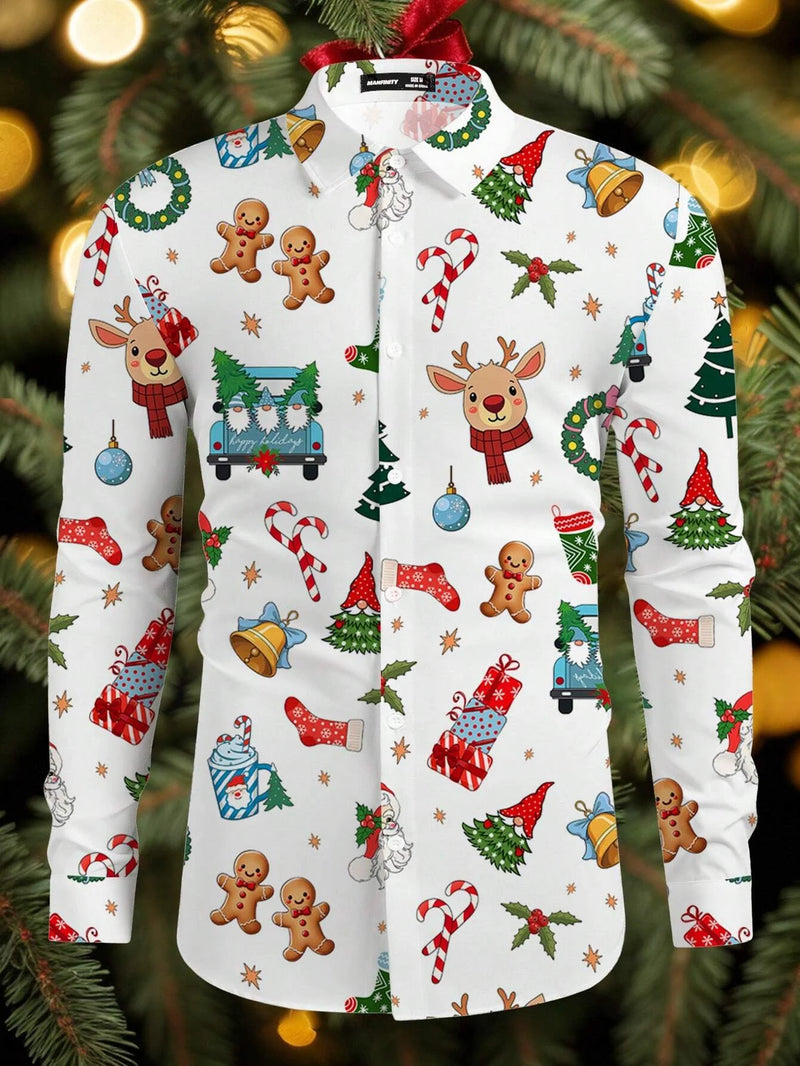 Tema do festival de natal masculino 3d impresso camisas formais árvore de natal papai noel gráfico camisa de manga longa moda masculina