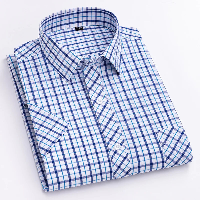 Camisa xadrez de algodão manga curta masculina, design de bolso único, casual jovem, ajuste padrão, elegante