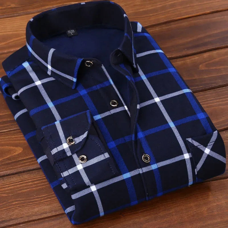 Camisa de manga comprida xadrez grossa e quente masculina, camisas formais de escritório, moda casual, outono, inverno, 2022