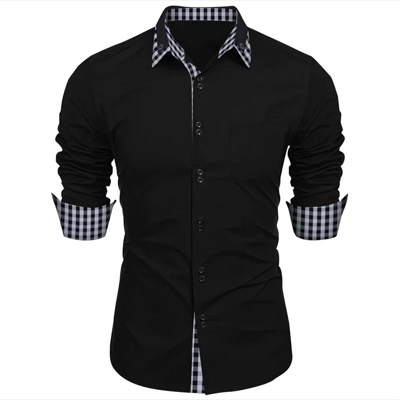 Camisa dupla de manga comprida masculina, monocromática, solta, clássica, havaiana, de negócios, escritório, 11 cores, 6XL, novo