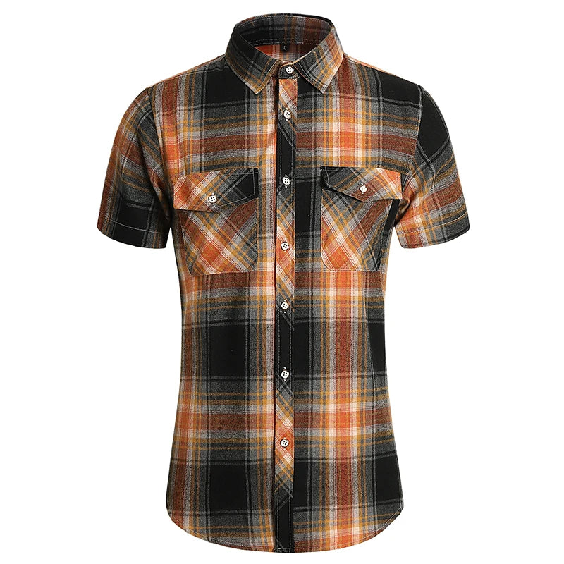 Camisa xadrez masculina com botões, manga curta, casual, tops 7xl, vinatge, verão, bolso duplo, roupas de grife, camisas de trabalho