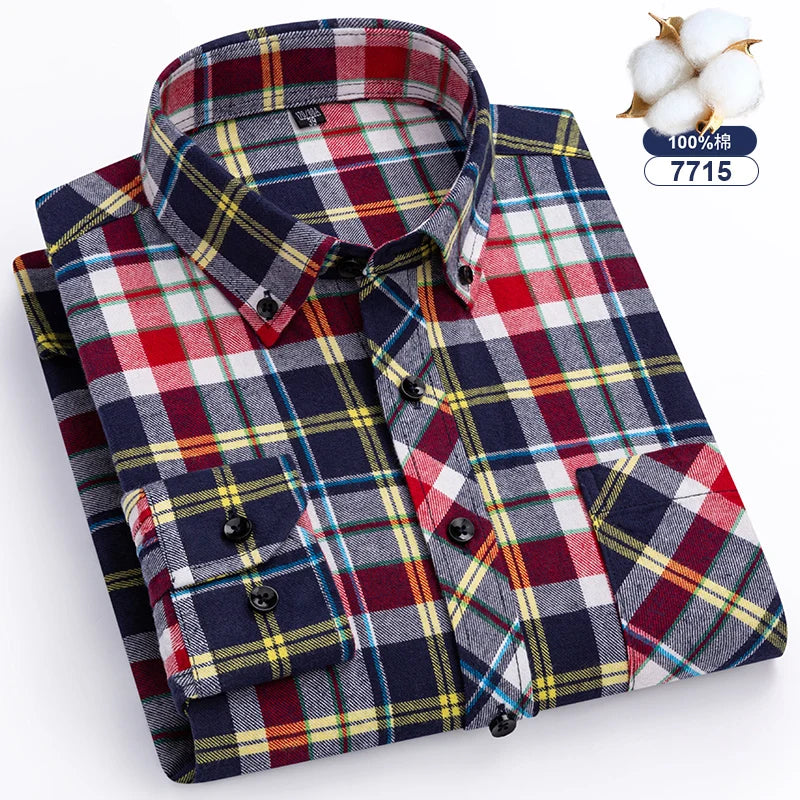 7XL 8XL Plaid Shirts For Men's Long Sleeve Cotton Fashion Single Patch Pocket Design  Casual Standard-Fit Thick Flannel Shirt