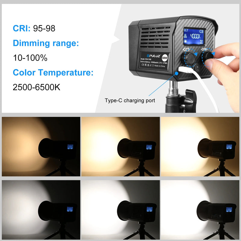 PULUZ-COB LED Handheld Luz de Preenchimento, Estúdio de Fotografia Luz, Temperatura Dual Color, 60W, 2500K-6500K, 13000Lux, 10000mAh