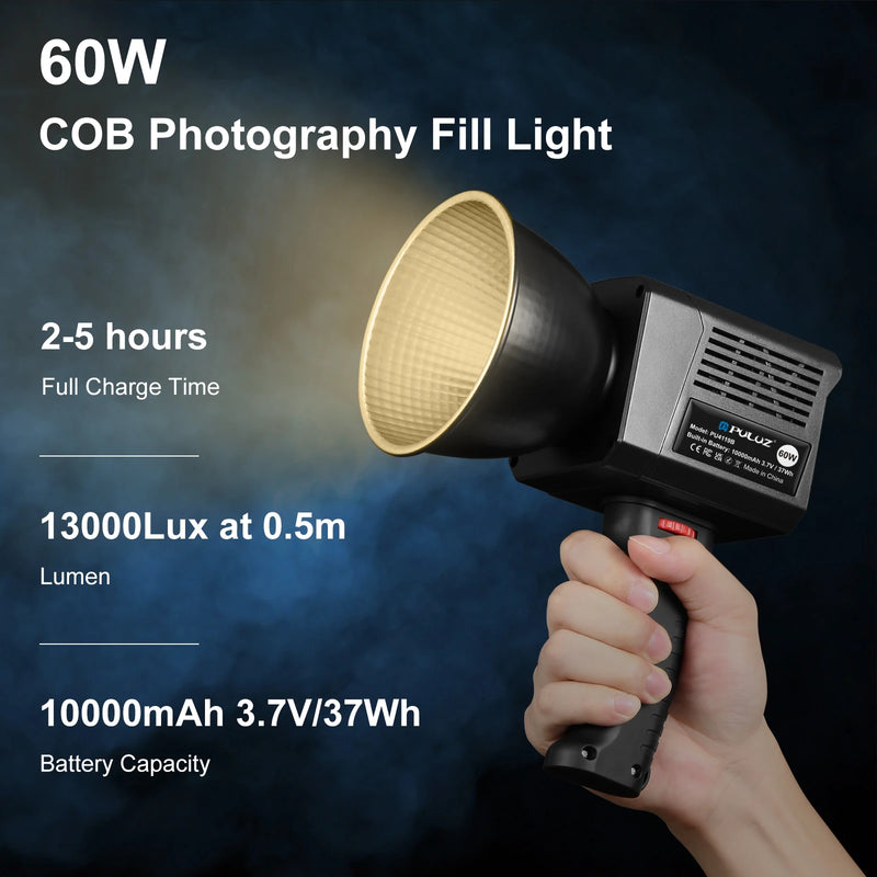 PULUZ-COB LED Handheld Luz de Preenchimento, Estúdio de Fotografia Luz, Temperatura Dual Color, 60W, 2500K-6500K, 13000Lux, 10000mAh