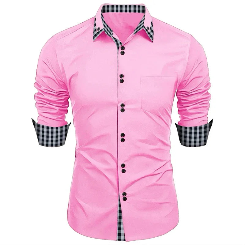 Camisa dupla de manga comprida masculina, monocromática, solta, clássica, havaiana, de negócios, escritório, 11 cores, 6XL, novo