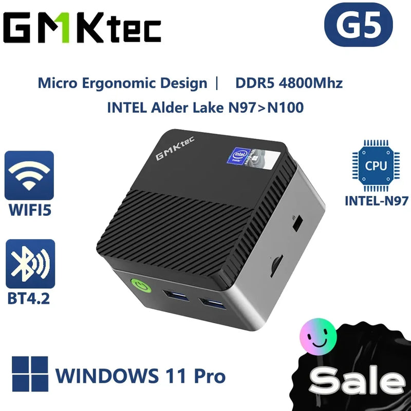 GMKtec-Mini PC Intel Desktop Gaming Computer, Windows 11 Pro Desktop, DDR5 4800MT/s, M.2 2242, SATA, WiFi5, BT4.2, N97, 12th Gen, N97