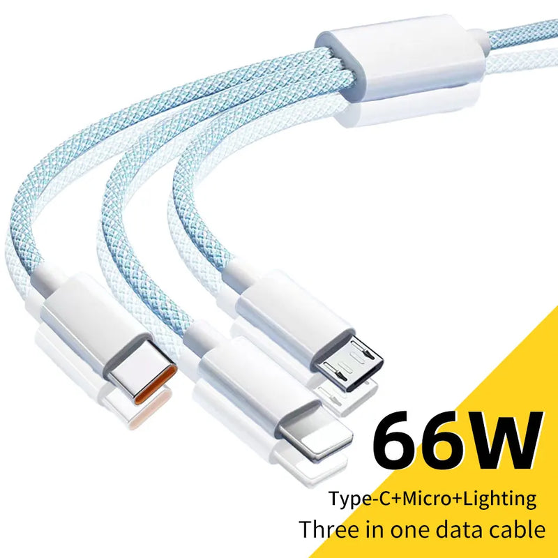 66w 3 em 1 cabo de carregamento rápido 6a micro usb tipo c cabo de dados para xiaomi carregador super rápido cabo trança de náilon 1.2m/2m/3m