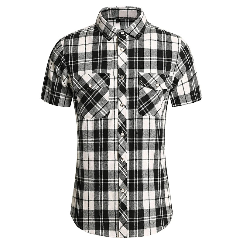 Camisa xadrez masculina com botões, manga curta, casual, tops 7xl, vinatge, verão, bolso duplo, roupas de grife, camisas de trabalho