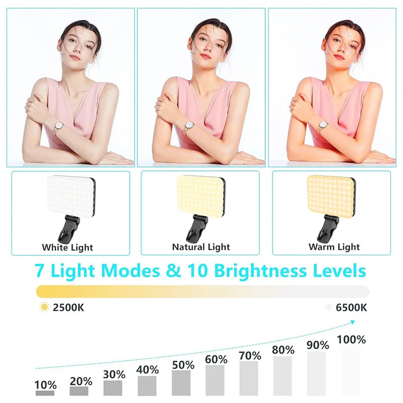 Recarregável LED selfie Light Beads, portátil na luz para o telefone, Tablet, Laptop, 2200mAh, CRI 97 +, 7 modos, 60 alta qualidade