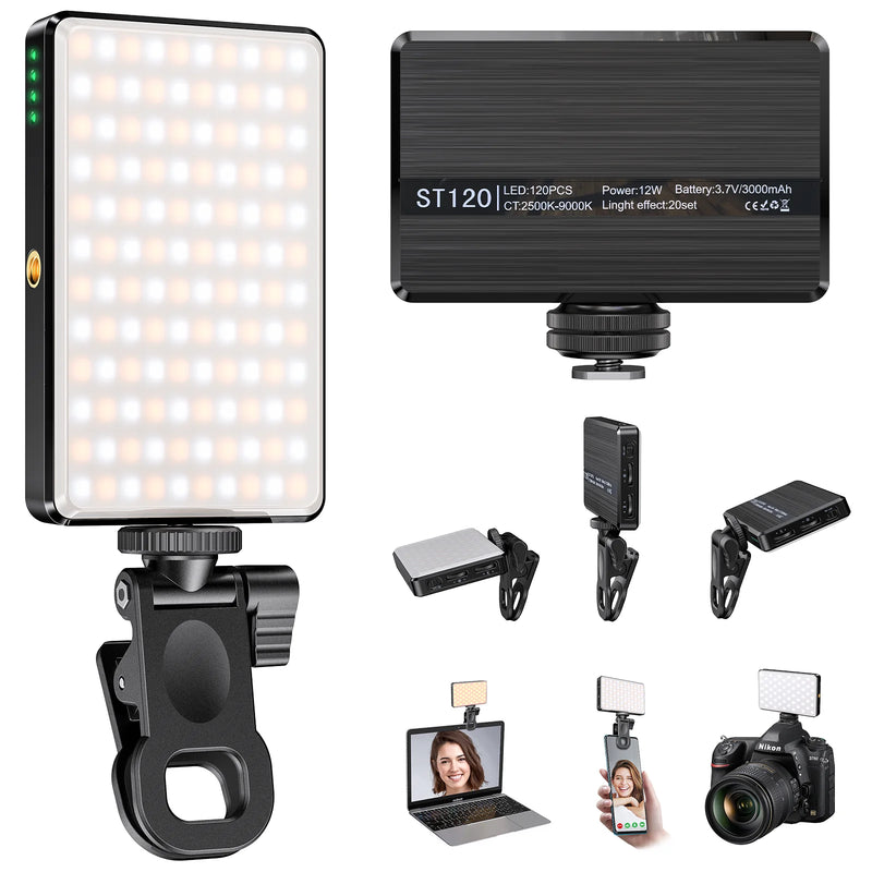 Recarregável LED Fill Light, Portátil Mini Selfie Light, Luz de Vídeo, 3000 mAh, 3 Modos de Luz, CRI95, ST-120, 2500-9000K