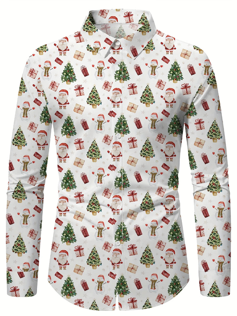 Tema do festival de natal masculino 3d impresso camisas formais árvore de natal papai noel gráfico camisa de manga longa moda masculina