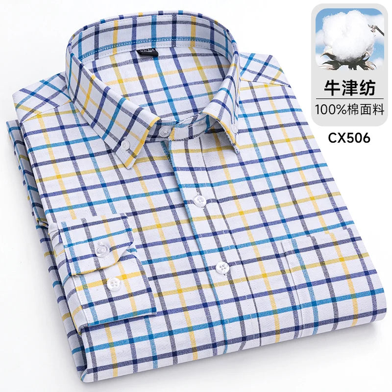 Novo 100% algodão oxford masculino listrado camisas xadrez masculino negócios casual de alta qualidade camisa de manga longa para homens camisa de botão S-7XL