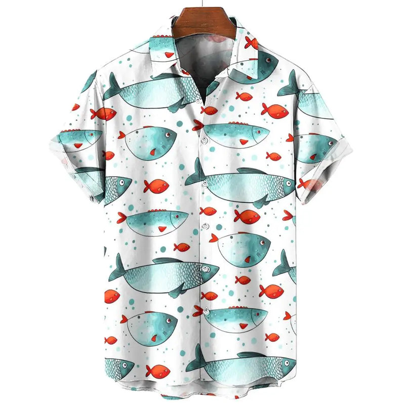 Camisa havaiana com impressão 3D masculina, piscicultura, botão, manga curta, streetwear de lapela, blusa, moda verão