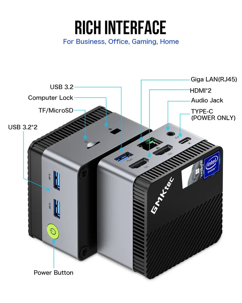 GMKtec-Mini PC Intel Desktop Gaming Computer, Windows 11 Pro Desktop, DDR5 4800MT/s, M.2 2242, SATA, WiFi5, BT4.2, N97, 12th Gen, N97