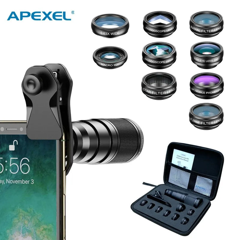 APEXEL-Kit Lens Telefone Móvel, 10 em 1, 22X Telefoto, Fisheye Lens, Grande Angular Macro, CPL Estrela Filtros de Fluxo para Todos os Smartphones