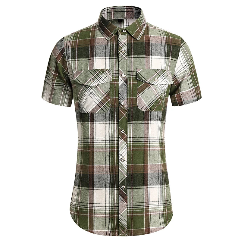 Camisa xadrez masculina com botões, manga curta, casual, tops 7xl, vinatge, verão, bolso duplo, roupas de grife, camisas de trabalho