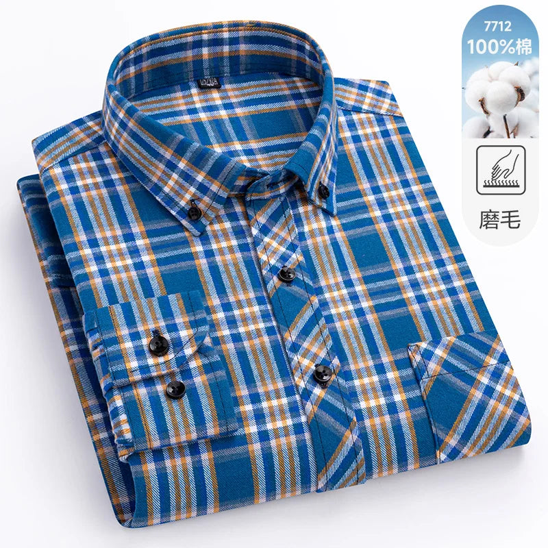 Camisa xadrez de manga longa masculina, 100% puro algodão, flanela, macia, regular-fit, escovada, bolso único, confortável, casual, S-8XL