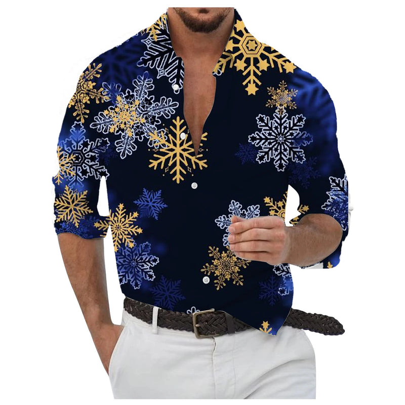 Flocos de neve dourados impressos em 3D masculino Camisa, Abotoados, Manga comprida, Ao ar livre, Colarinho, Roupas, Dia, Dia, 2024