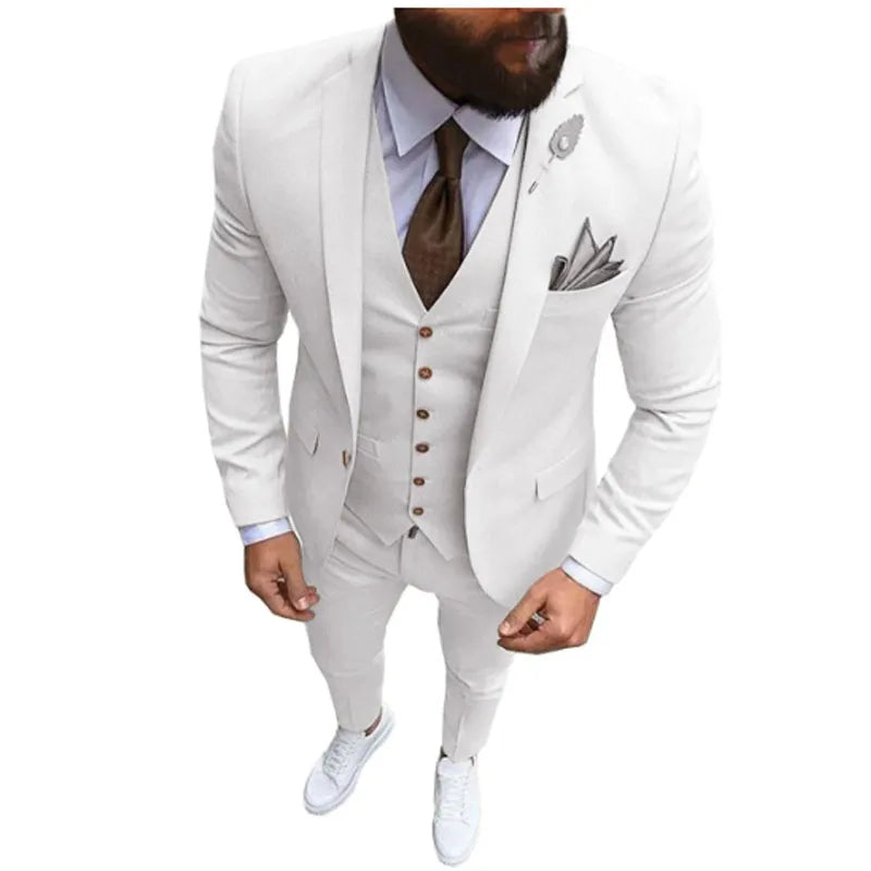 Ternos masculinos de 3 peças, slim fit, formal, casual, negócios, lapela champanhe, smoking formal para padrinhos de casamento (blazer + calça + colete)