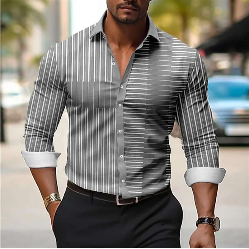 Camisa Xadrez Masculina Estampada, Manga Longa, Tecido Elástico, Lapela, Casual, Rua, Férias, Festa, Primavera e Verão, XS-6XL