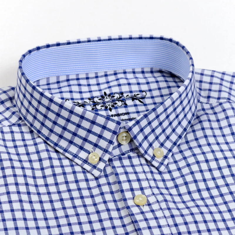 Camisa casual listrada oxford de manga comprida masculina, camisa frontal com bolso no peito, ajuste regular, gola com botão, camisas de trabalho grossas