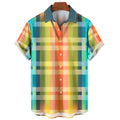 Camisa xadrez colorida masculina arco-íris havaiana, moda 3D extragrande, manga curta casual, roupa de praia de botão simples, verão