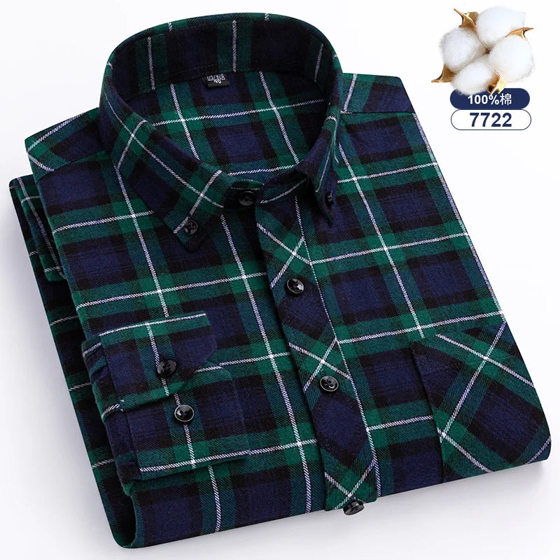 7XL 8XL Plaid Shirts For Men's Long Sleeve Cotton Fashion Single Patch Pocket Design  Casual Standard-Fit Thick Flannel Shirt