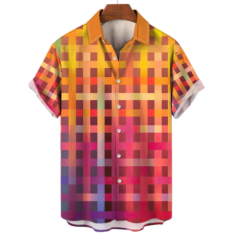 Camisa xadrez colorida masculina arco-íris havaiana, moda 3D extragrande, manga curta casual, roupa de praia de botão simples, verão