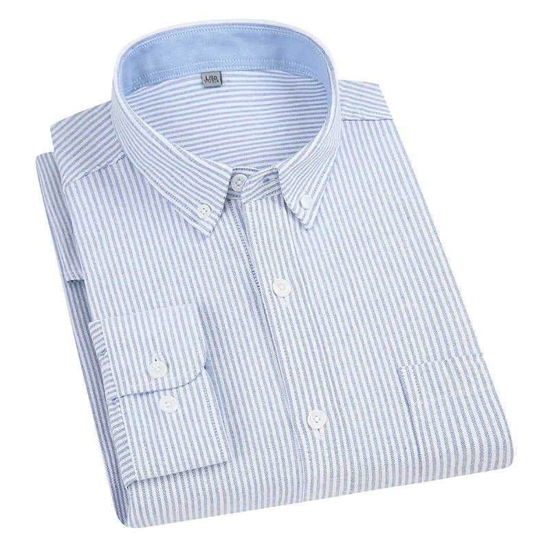 Camisa Oxford de manga comprida masculina, bolso único, xadrez de botões, listrada, camisas formais sociais masculinas, casual, 100 algodão