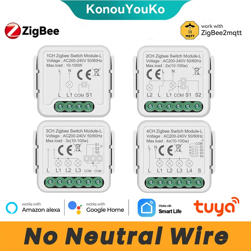 Tuya Zigbee Smart Mini Switch Módulo Relé, sem fio neutro, 2 Way Control, 1, 2, 3, 4 Gang, funciona com Alexa, Google Home, Zigbee2mqtt