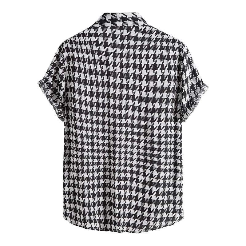 Blusa casual de manga curta masculina solta, camisa xadrez houndstooth masculina, blusa havaiana de praia de botão, verão 2024