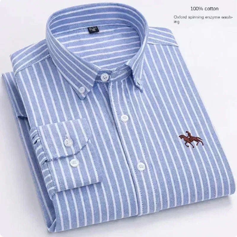 Camisa Oxford Spinning Masculina de Manga Longa, 100% Algodão Puro, Bolso Bordado, Slim Fit, Estilo de Botões, Soft Med, Negócios, Lazer, S-7XL