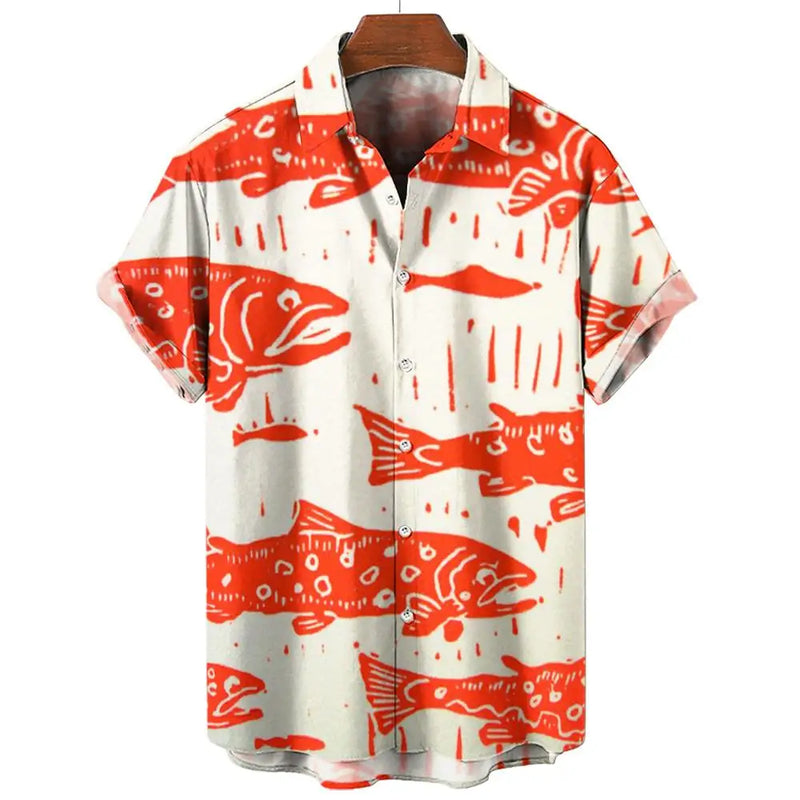 Camisa havaiana com impressão 3D masculina, piscicultura, botão, manga curta, streetwear de lapela, blusa, moda verão