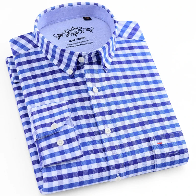 Trabalho masculino casual regular-ajuste oxford listrado xadrez camisas único remendo bolso manga longa grosso guingão listrado camisa