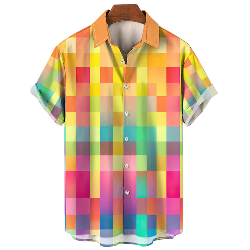 Camisa xadrez colorida masculina arco-íris havaiana, moda 3D extragrande, manga curta casual, roupa de praia de botão simples, verão