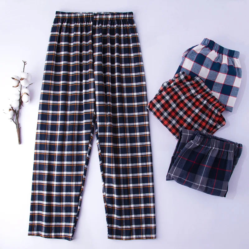 Pijama xadrez de algodão masculino, calças compridas para dormir, casual, solto, loungewear, aconchegante, macio, respirável, roupa de dormir