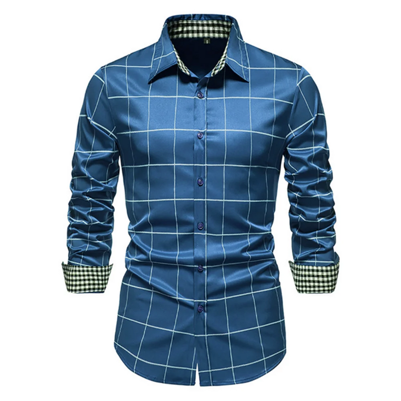 Camisa de manga longa de botão slim fit masculina, camisa xadrez, design de grandes dimensões, roupa respirável, 10 cores, moda