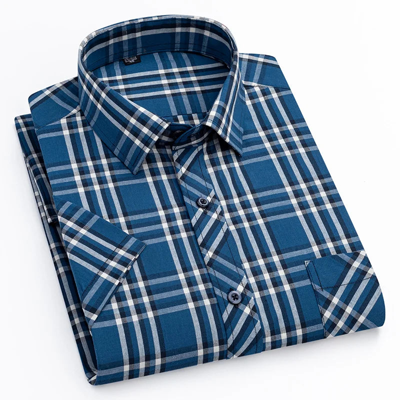 Camisa xadrez de algodão manga curta masculina, design de bolso único, casual jovem, ajuste padrão, elegante