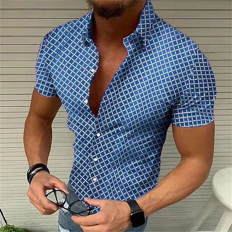 Camisa retrô xadrez masculina estampada vintage, manga havaiana curta grande, moda casual de luxo, verão, 2023