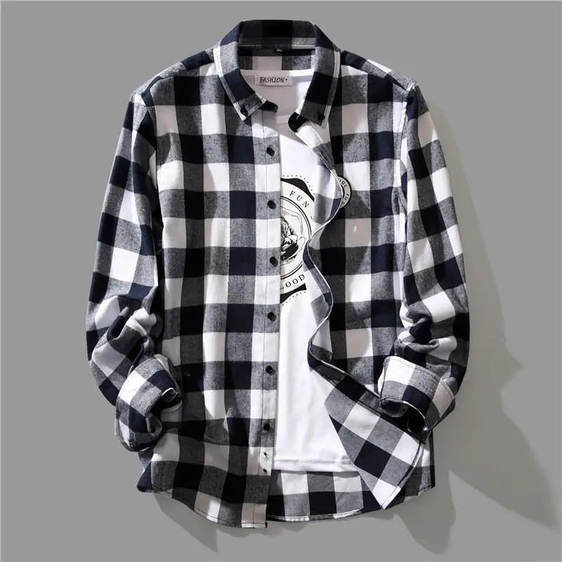 Camisa xadrez de algodão puro masculina, tops de manga comprida, casaco single-breasted, single-breasted, estilo coreano, cores preto e branco, primavera