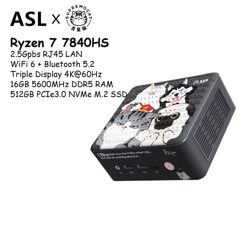 Asl supremo cat co-branded mini pc amd ryzen 7 7840hs 16gb ddr5 ram 512gb m.2 ssd windows 11 wifi 6 bt 5.2 computador de jogos diy