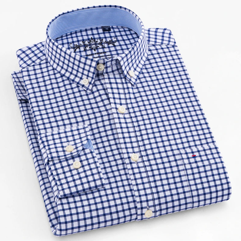 Camisa casual listrada oxford de manga comprida masculina, camisa frontal com bolso no peito, ajuste regular, gola com botão, camisas de trabalho grossas