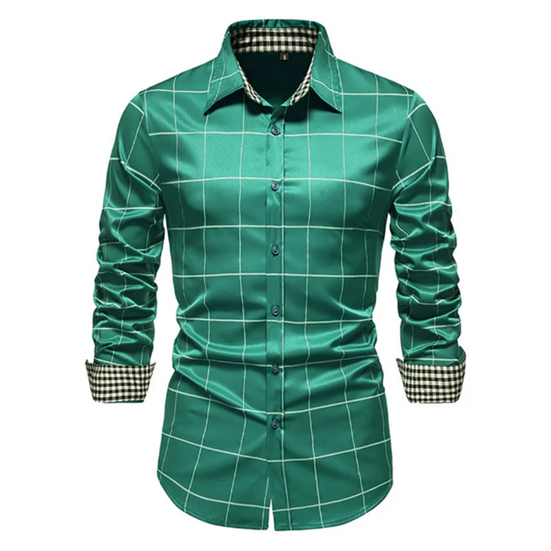 Camisa de manga longa de botão slim fit masculina, camisa xadrez, design de grandes dimensões, roupa respirável, 10 cores, moda