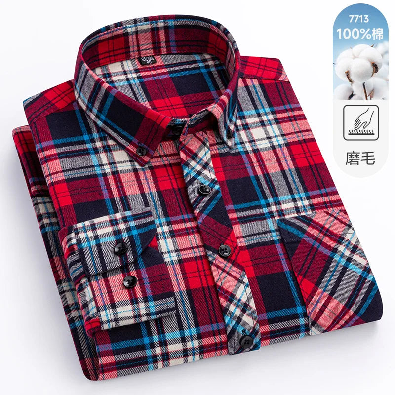 Camisa xadrez de manga longa masculina, 100% puro algodão, flanela, macia, regular-fit, escovada, bolso único, confortável, casual, S-8XL