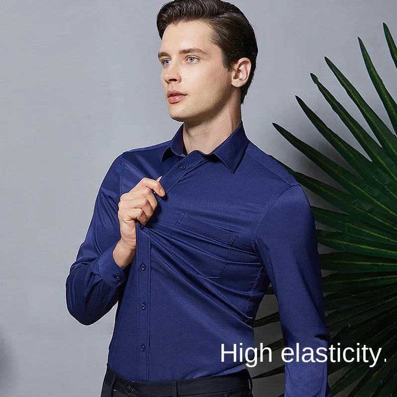 Camisa elástica de manga comprida masculina, Stand Up Collar Camisas, Não Passar, Traje de Trabalho Profissional